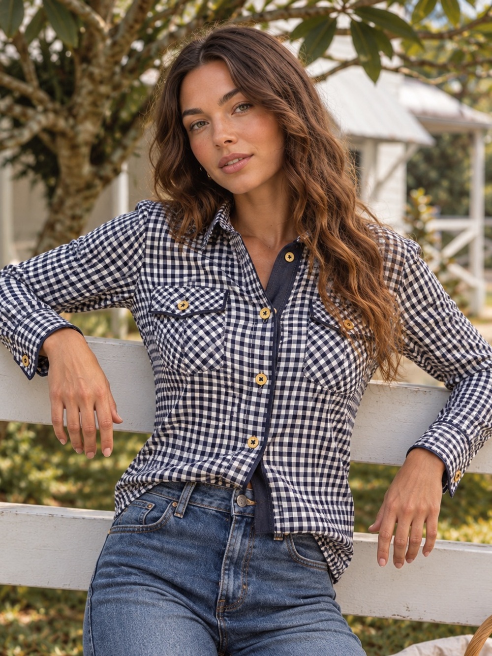 Jones New York Signature Petite PS Navy Gingham Button Down Shirt Floral Cuffs